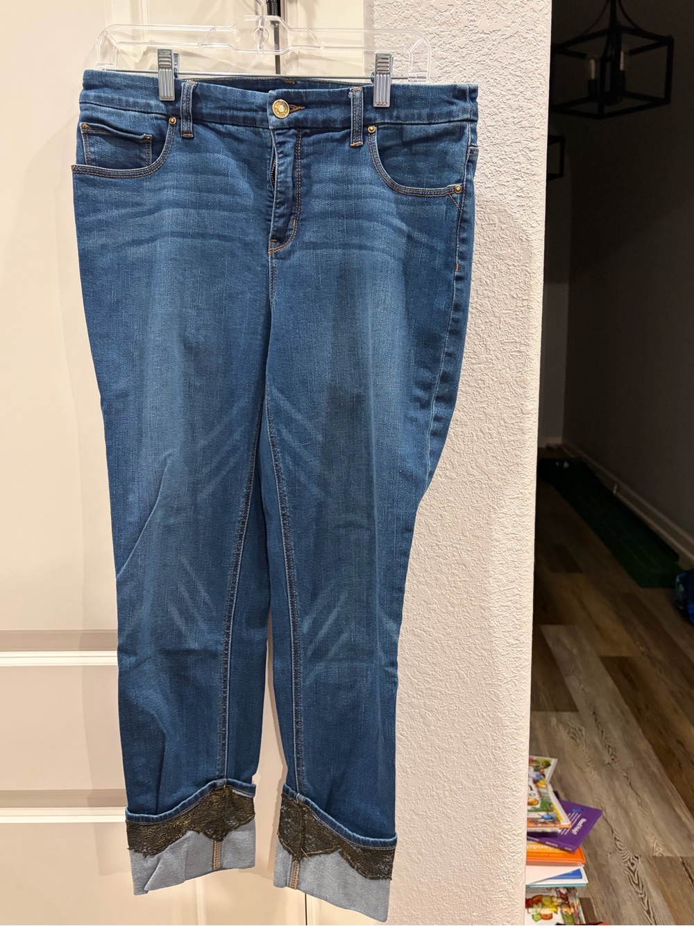 Chico's Medium Blue Cropped Ankle Jeans with Embellished Cuffs